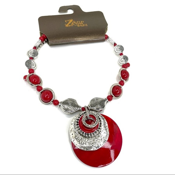 Zevar by Treska Statement Red Pendant Necklace Multi Strand - Picture 1 of 5